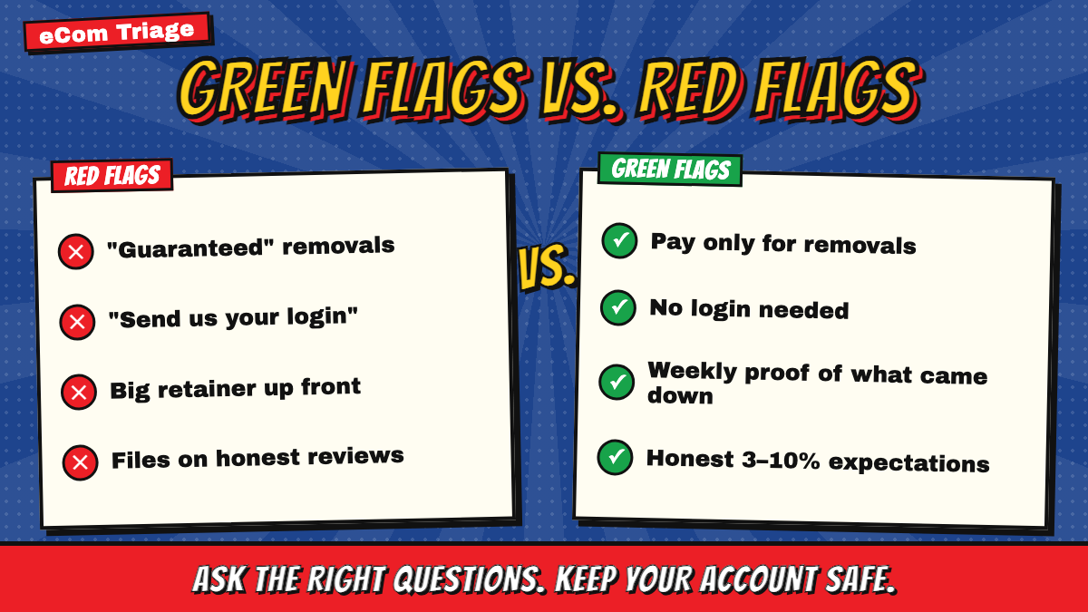 Comic infographic comparing green flags and red flags when choosing an Amazon review removal service
