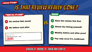 How to Verify Amazon Review Removal (and What Proof to Demand) 2 Comic infographic on how to verify Amazon review removal: a stressed seller whose one-star review is still live versus a happy seller holding verified before-and-after proof